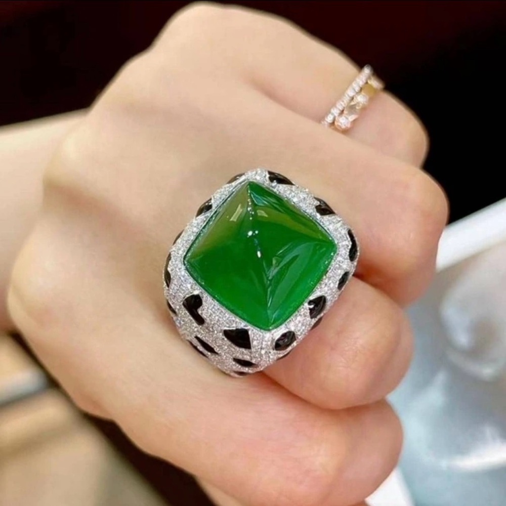 Emerald Green Statement Ring with Pavé Silver Band - Women Jewelry